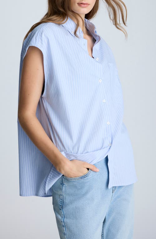 Kenneth Cole Oversize Stripe Cap Sleeve Button-down Shirt In Shadow Blue/pure White