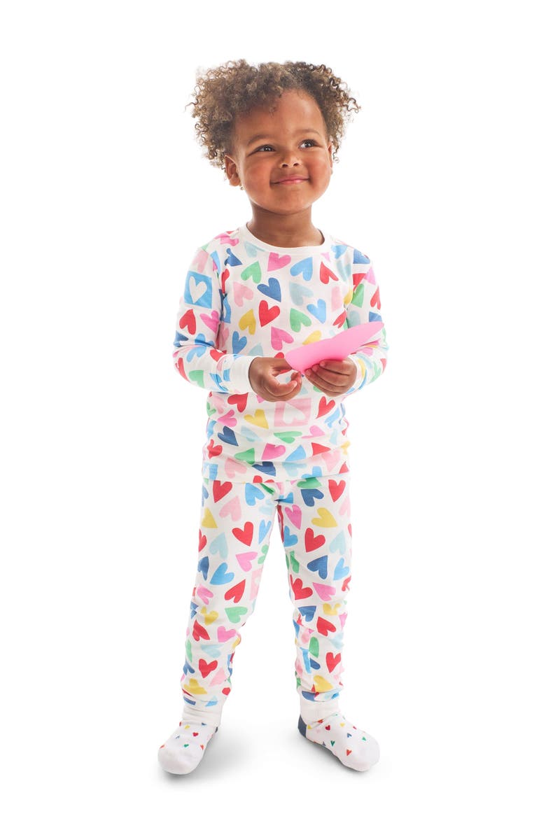 Primary Kids Organic Long Sleeve Pj Set In Rainbow Candy Hearts, Alternate, color, Ivory Rainbow Candy Hearts