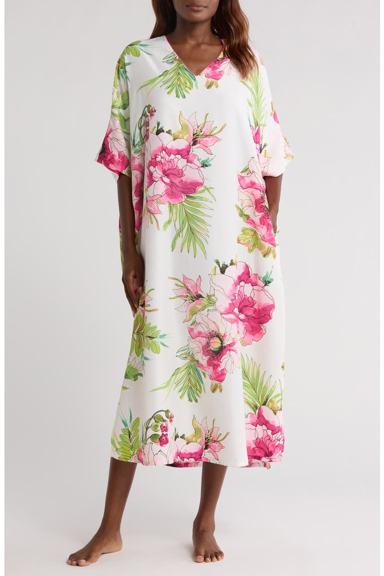 Sonomi Floral Matte Satin Caftan Nightgown, Main, color, WHITE MULTI
