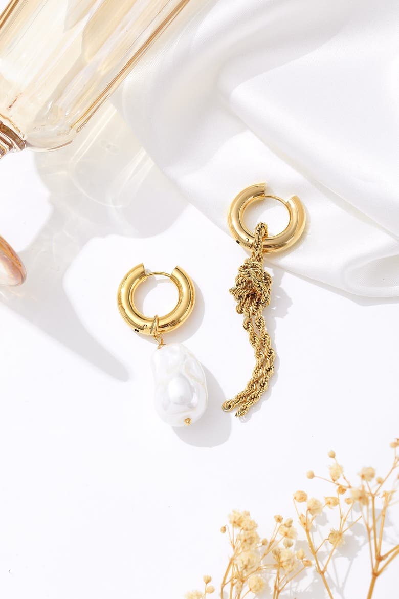Unique Asymmetrical Rope Chain Baroque Pearl Drop Earrings, Alternate, color, Gold