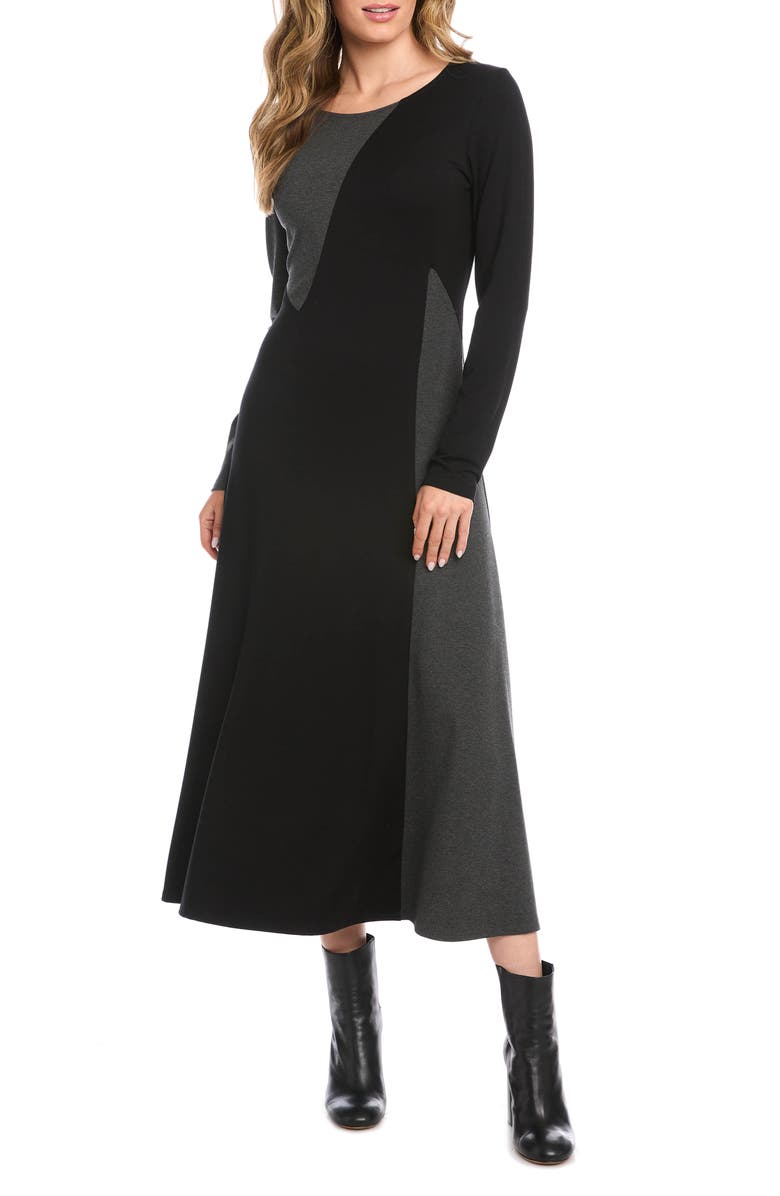 Karen Kane Colorblock Long Sleeve Maxi Dress, Main, color, Black W/ Dark Heather Gray