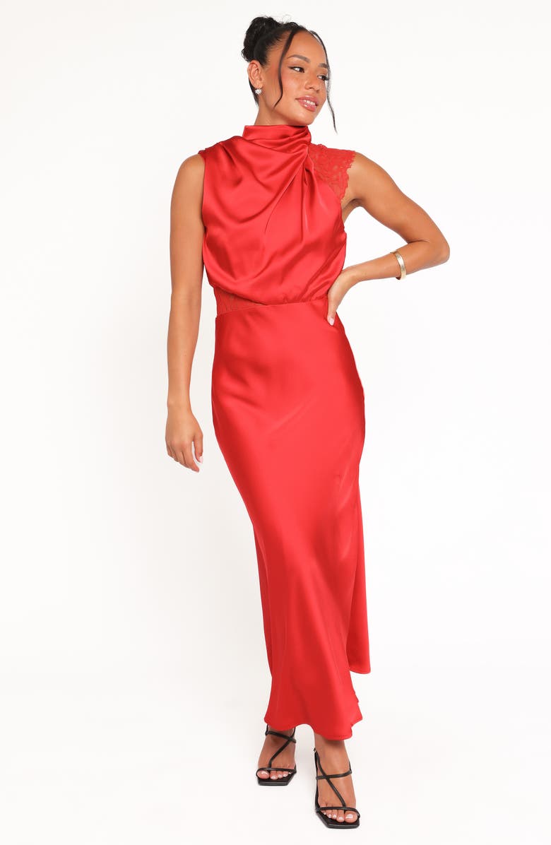 Petal & Pup Anabelle Mock Neck Satin Maxi Dress, Alternate, color, Red