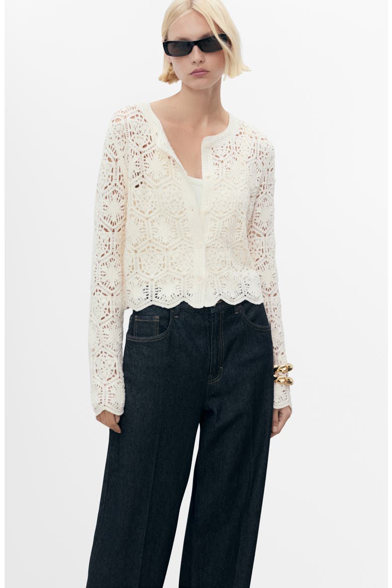 Crochet Cotton Blend Cardigan, Alternate, color, ECRU