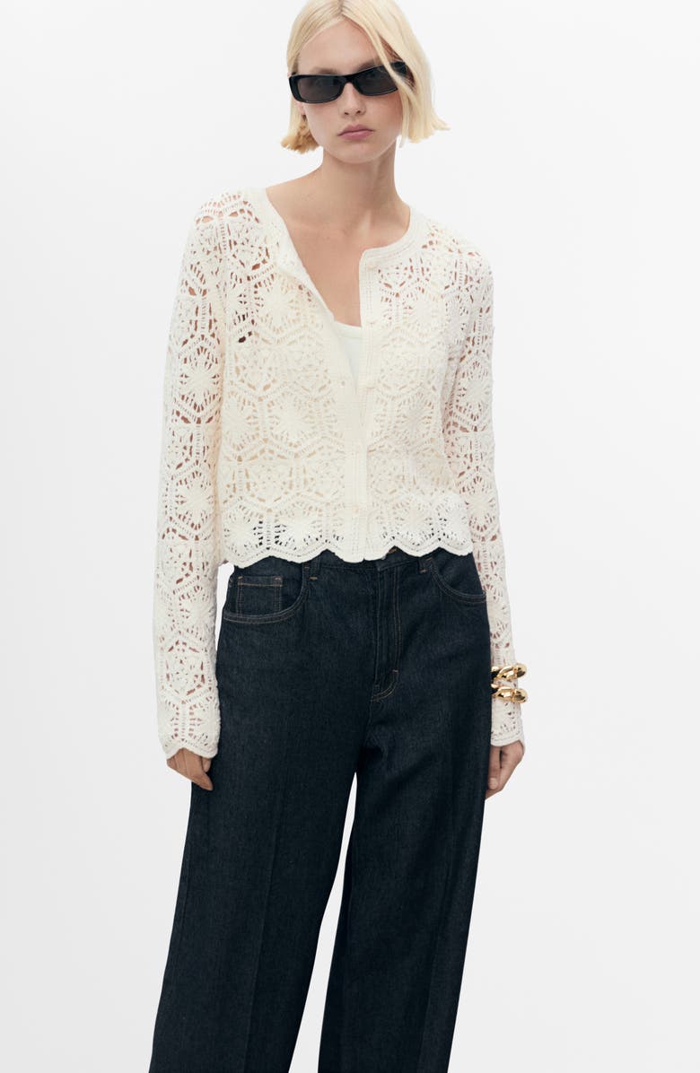 MANGO Crochet Cotton Blend Cardigan, Alternate, color, Ecru