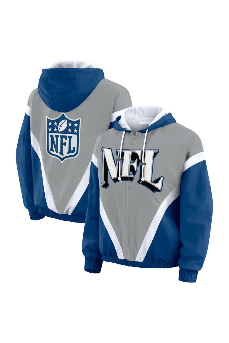 Women's WEAR by Erin Andrews Silver/Blue Shield Merchandise Retro Crinkle Full-Zip Hoodie Windbreaker, Main, color, Silver