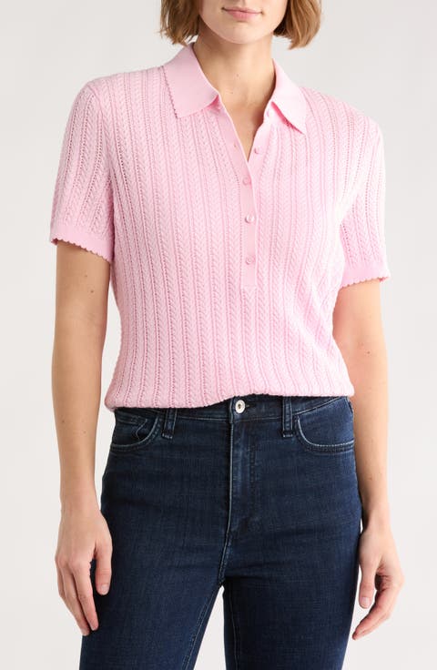 Pointelle Stitch Polo Cardigan