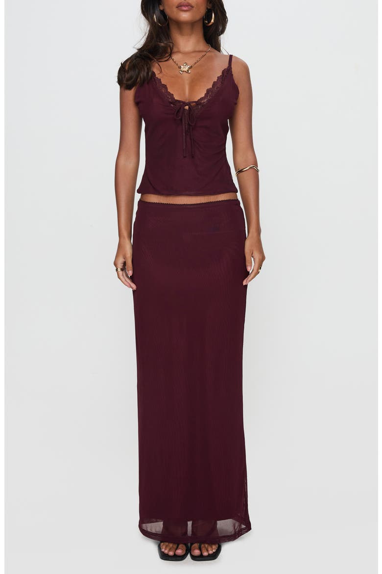 Reiko Lace Trim Mesh Camisole & Maxi Skirt Set, Main, color, BURGUNDY
