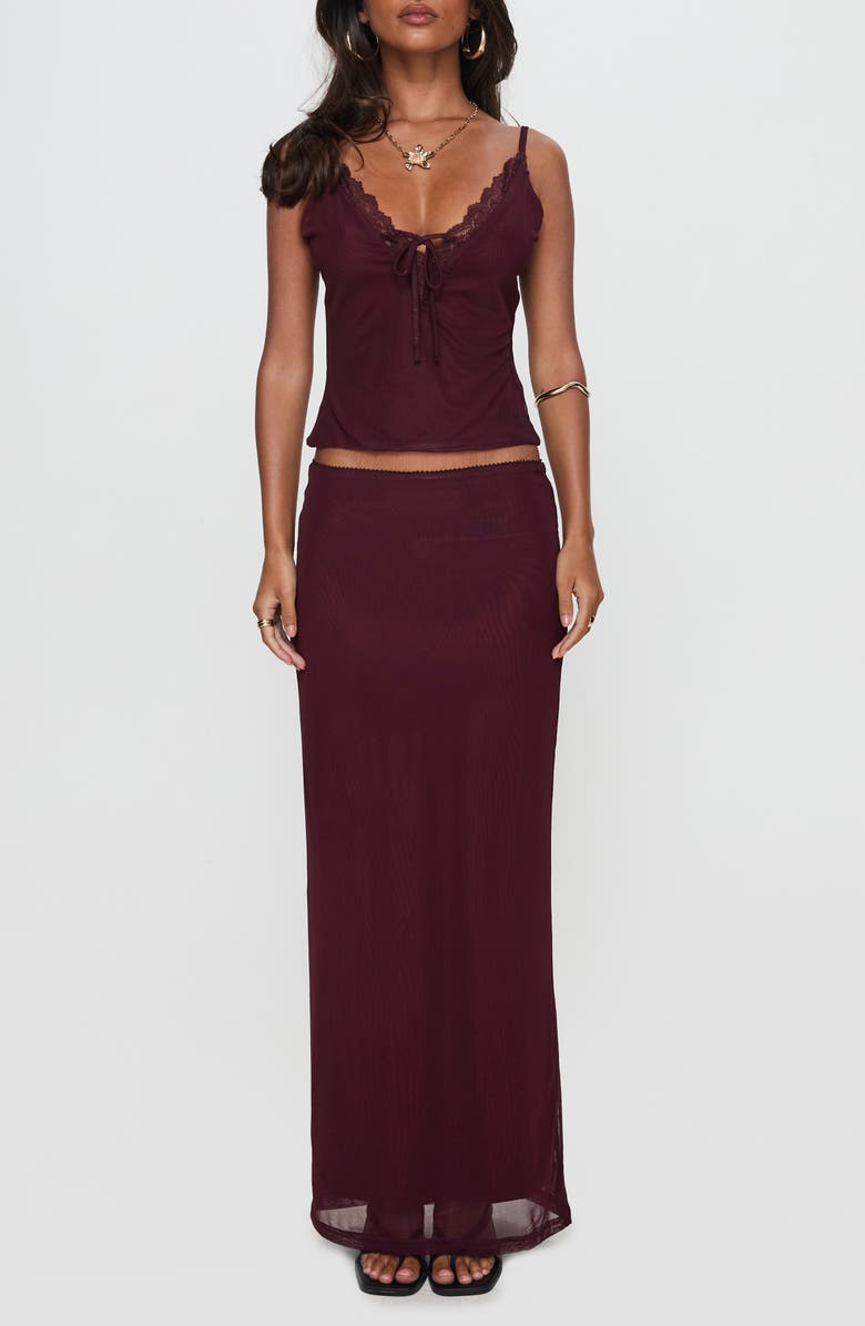 Princess Polly Reiko Lace Trim Mesh Camisole & Maxi Skirt Set, Main, color, Burgundy