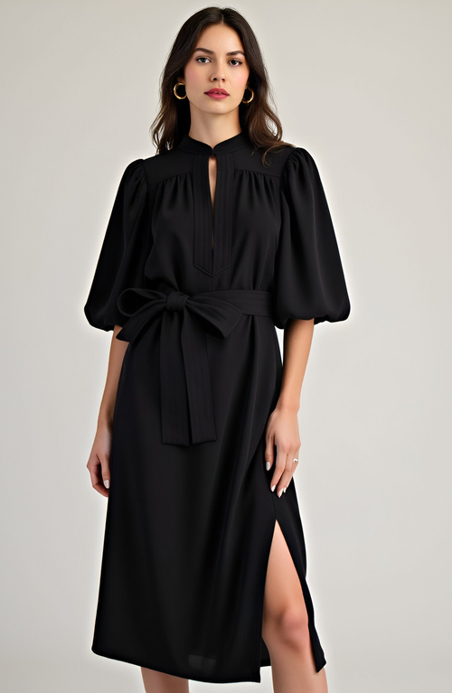 Modenaire Puff Sleeve Midi Dress With Belt In Black