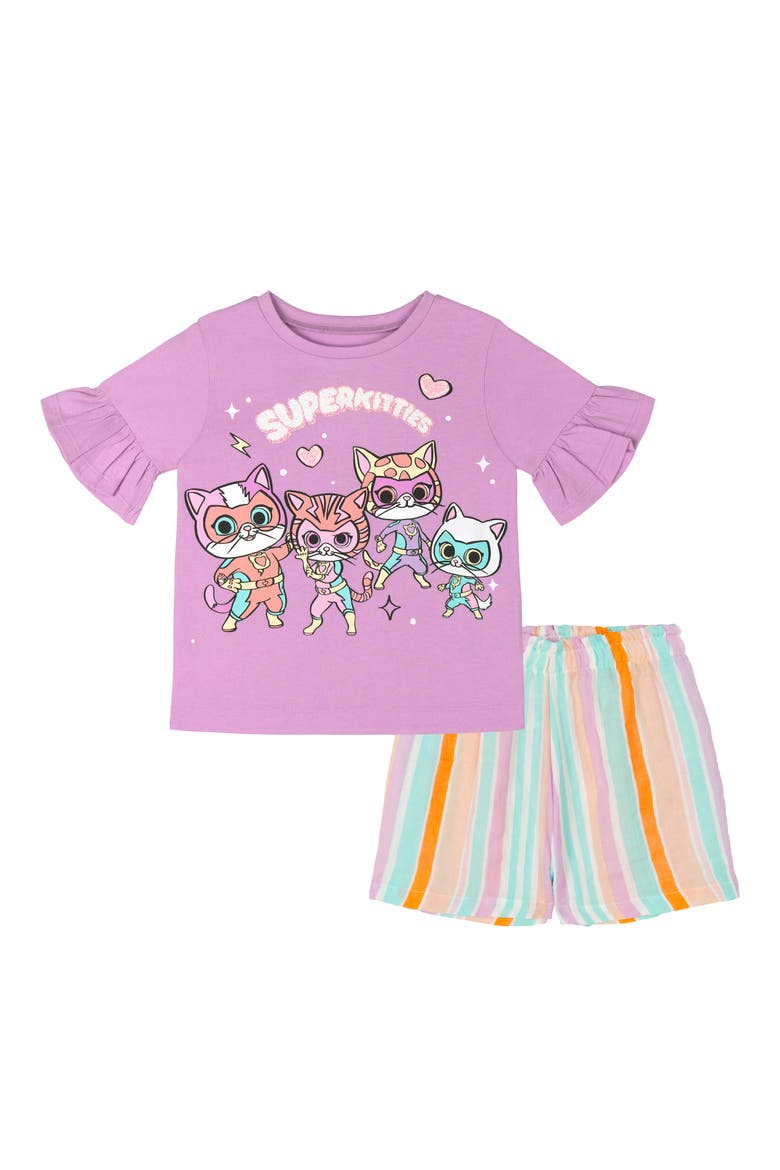 Super Kitties 2-Piece Short Sleeve Tee and Gauze Shorts Set, Main, color, Purple SuperKitties