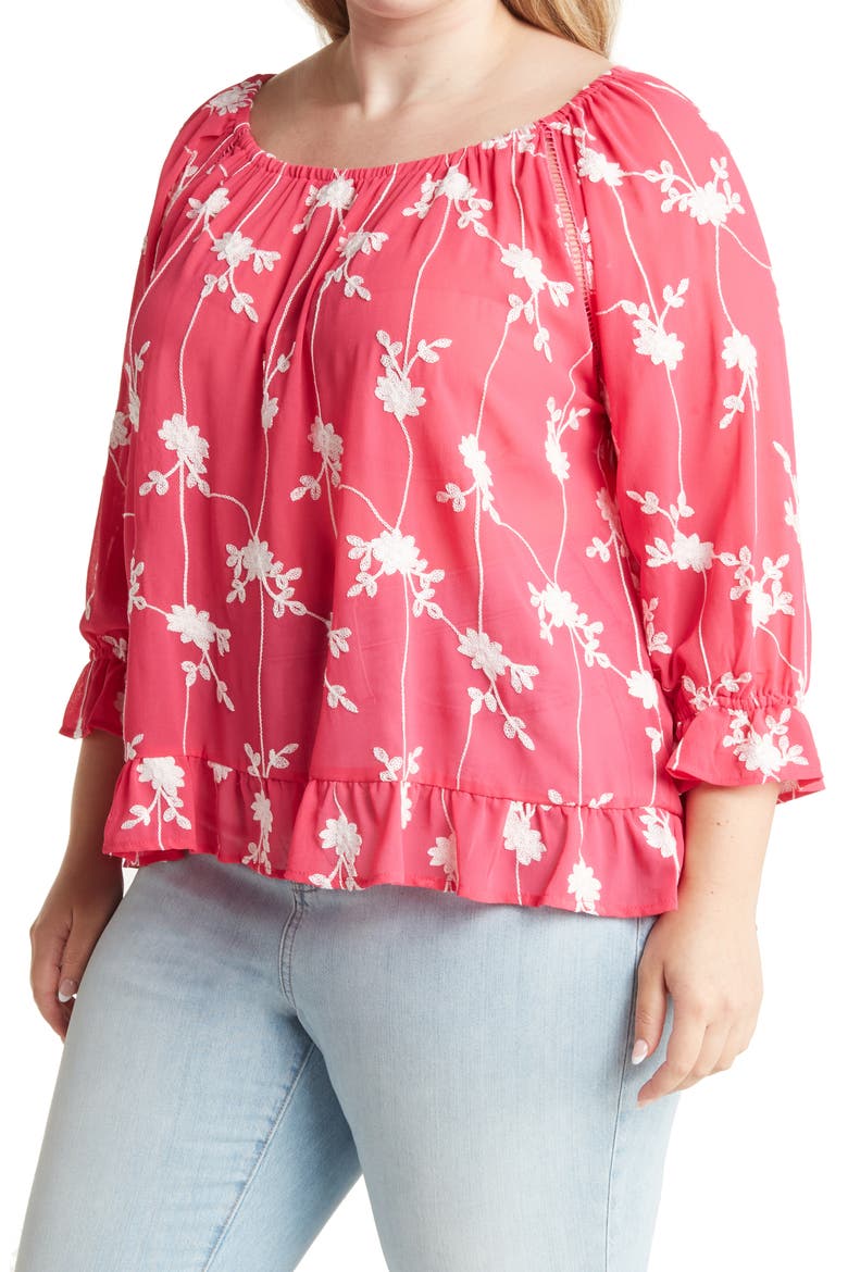 Embroidered Ruffle Trim Blouse, Main, color, FUCHSIA/ WHITE