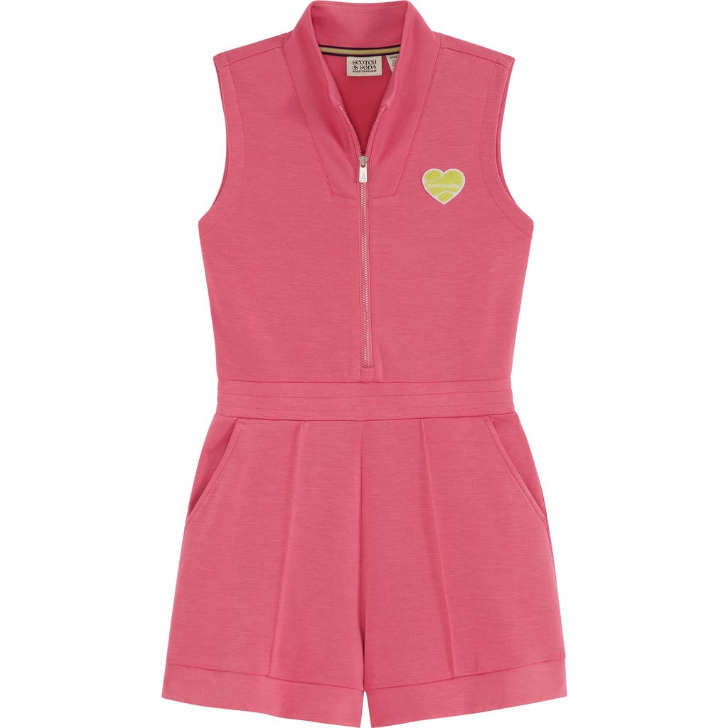 Scotch & Soda Kids' Tennis Appliqué Jersey Zip-up Romper In Desert Rose