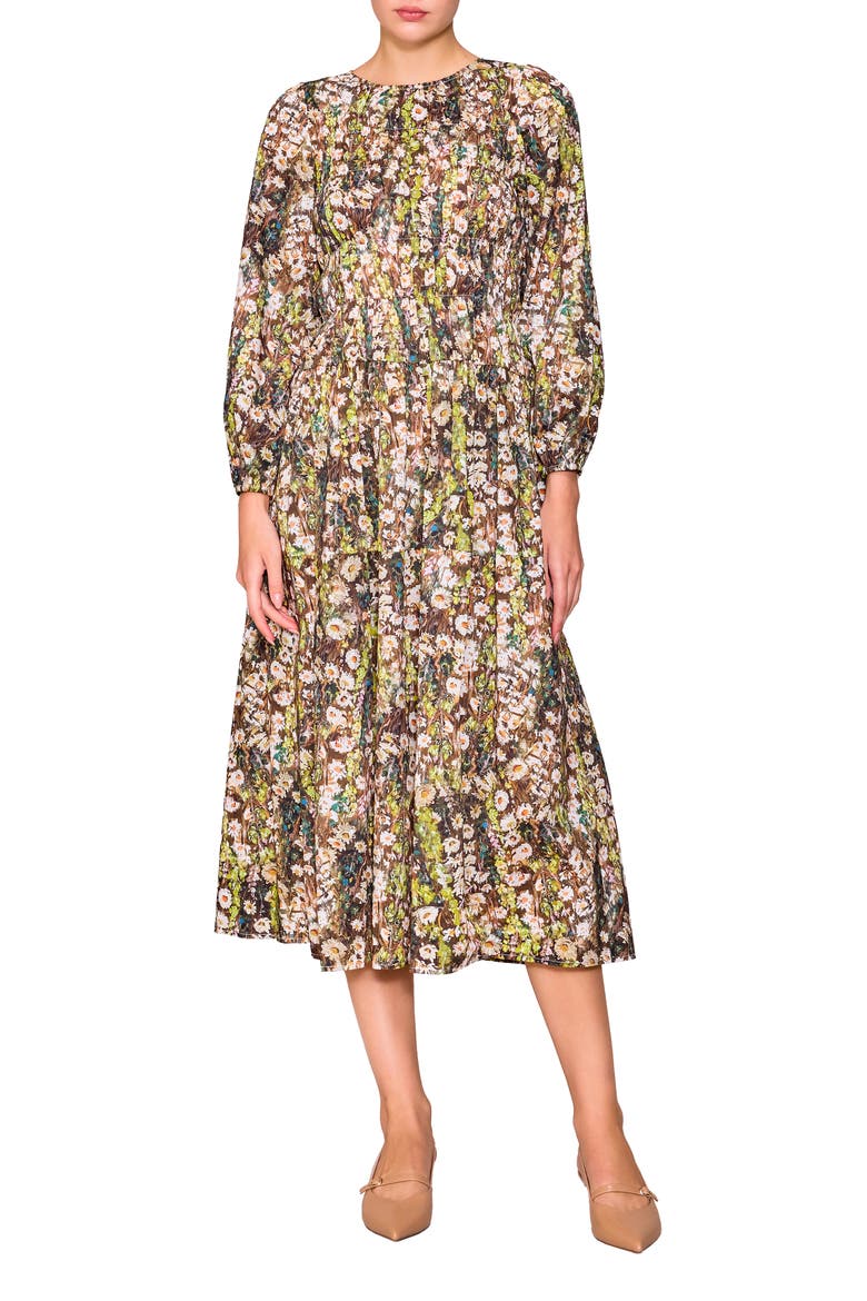 Floral Print Shirred Long Sleeve Midi Dress, Main, color, GREEN MULTI
