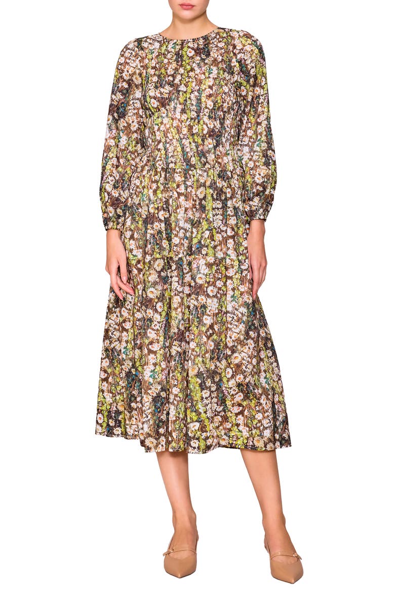 MELLODAY Floral Print Shirred Long Sleeve Midi Dress, Main, color, Green Multi