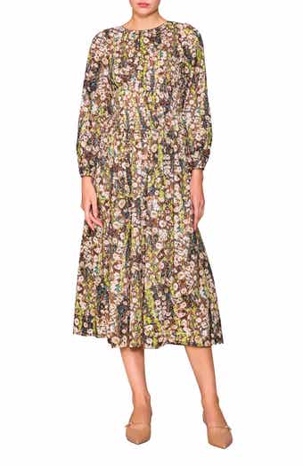 MELLODAY Floral Print Shirred Long Sleeve Midi Dress