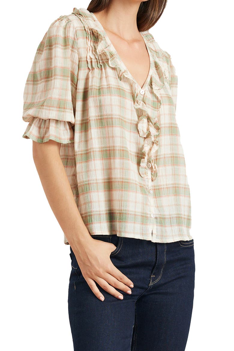 Chloe Cotton Ruffle Shirt, Alternate, color, Olive Plaid
