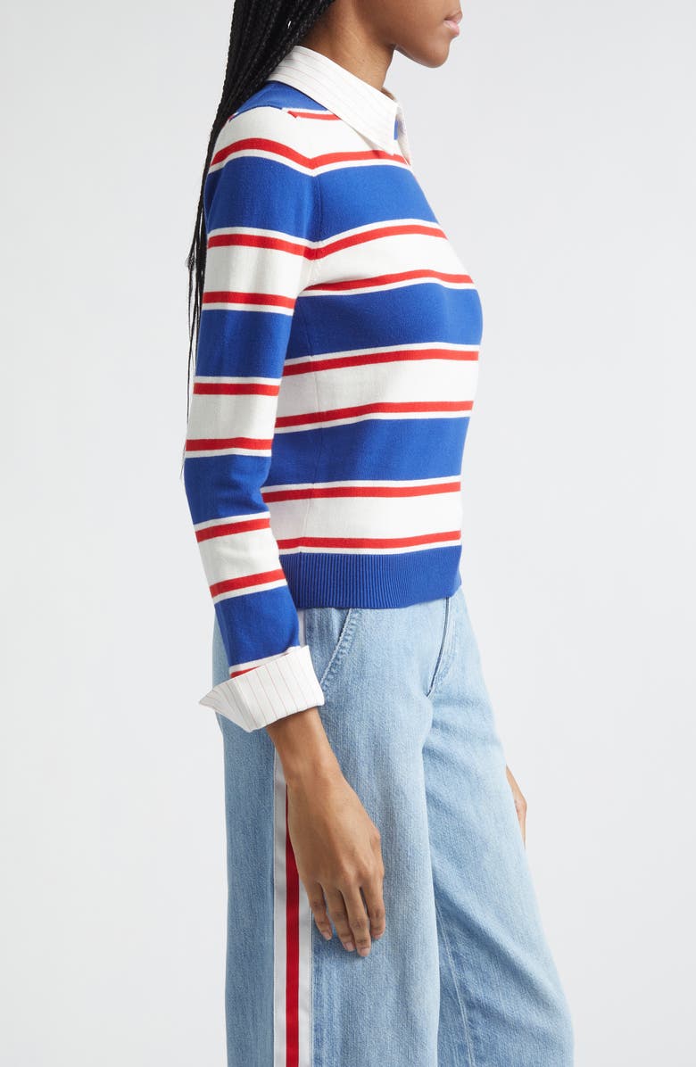 Alice + Olivia Porla Collared Stripe Cotton Blend Sweater, Alternate, color, Americana Stripe