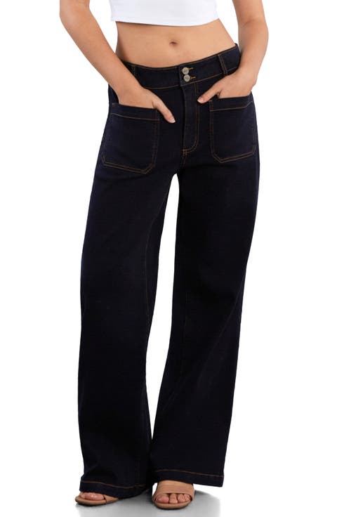 High Waist Patch Pocket Wide Leg Stretch Velvet Pants