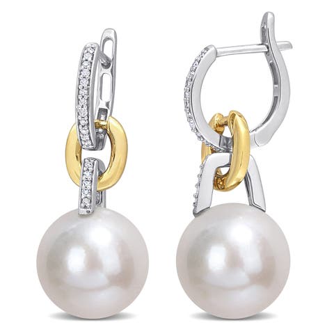 Pearl 
Diamond Link Huggie Earrings 14k