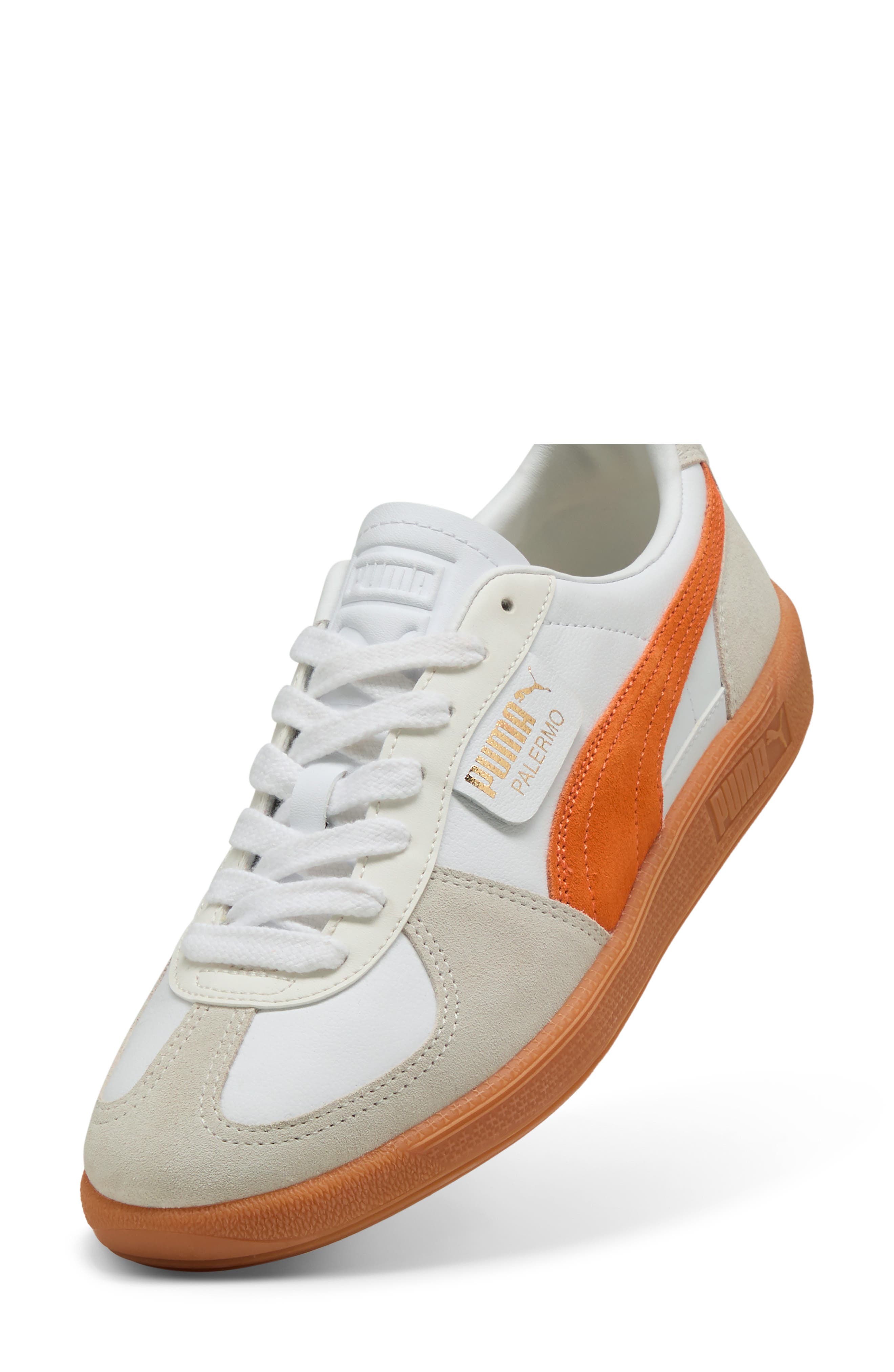 PUMA Palermo Leather Sneaker, Alternate, color, Puma White-Warm White-Orange