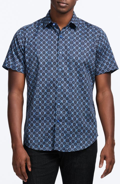 Bramston Medallion Print Short Sleeve Stretch Cotton Button-Up Shirt