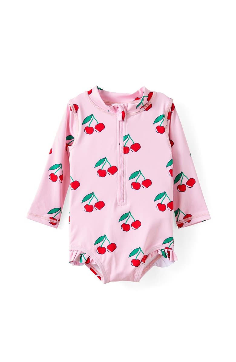 Cotton On Kids Lucy Long Sleeve Ruffle Back Swimsuit, Main, color, Tea Party Pink Cherries