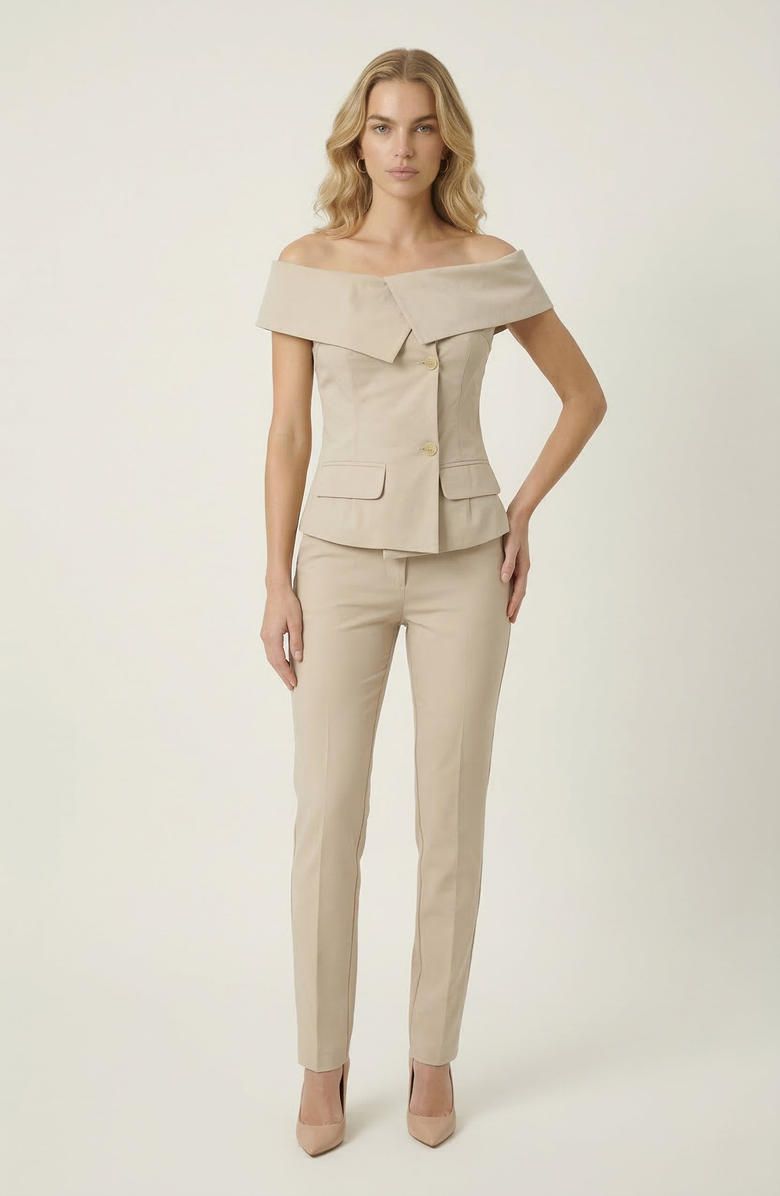 Modenaire Off Shoulder Tailored Top with Foldover Collar and Button Front, Alternate, color, Beige