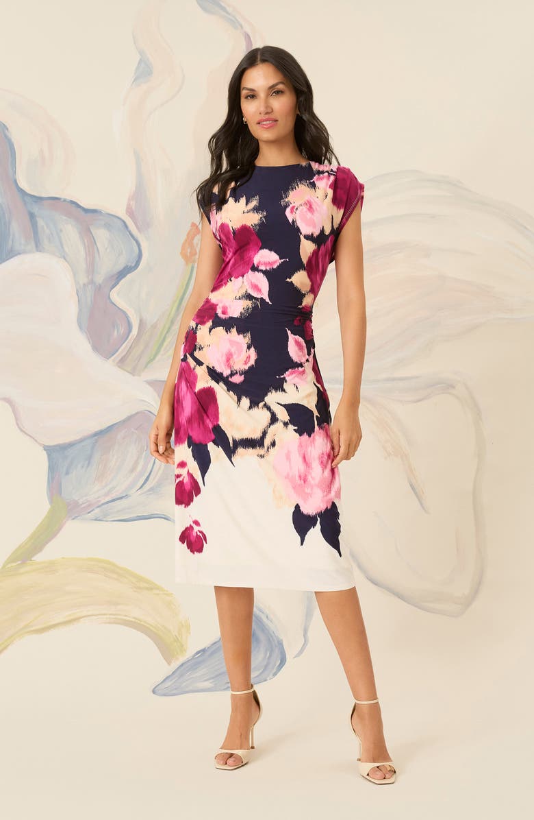 Maggy London Placement Print Cap Sleeve Midi Dress, Alternate, color, 