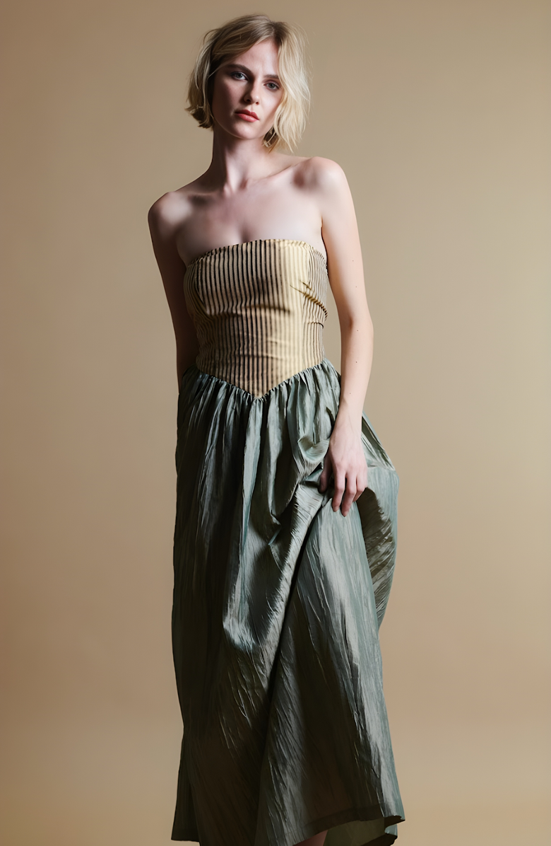 Madeline Marie Roxanne Long Dress, Alternate, color, Cream / Moss