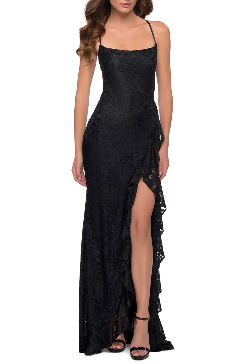 La Femme Ruffle Edge Side Slit Sequin Lace Gown, Main, color, 