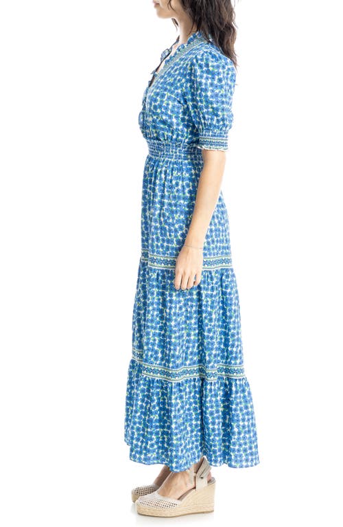 Max Studio Floral Short Sleeve Tiered Maxi Dress In Blue/cream Poppies Field