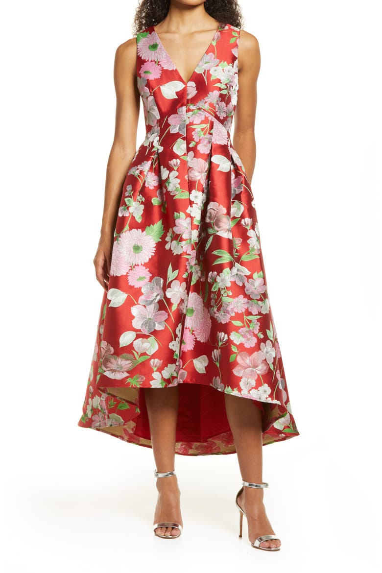 Floral Metallic Jacquard Cocktail Dress, Main, color, RED