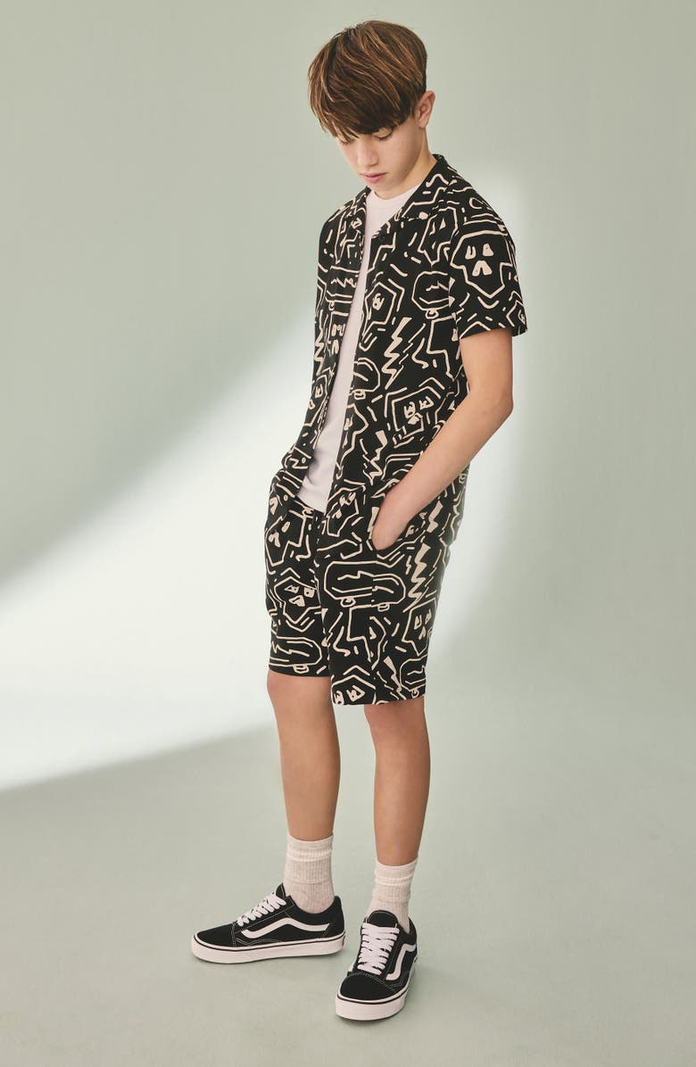 NEXT Kids' Abstract Print Knit Cotton Camp Shirt & Drawstring Shorts Set, Alternate, color, Black