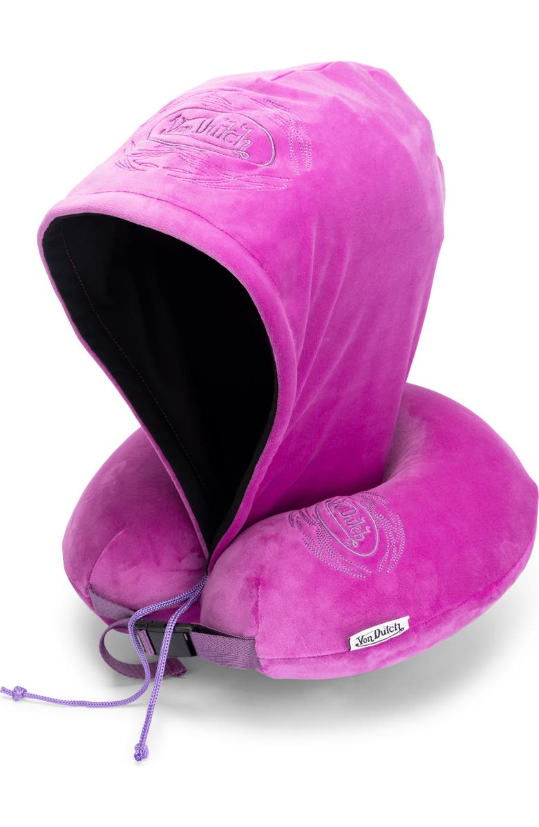 Von Dutch Pinstripe Hooded Memory Foam Travel Neck Pillow, Main, color, Purple