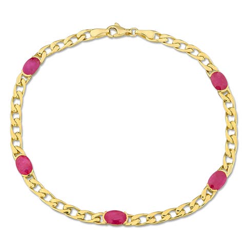 Ruby Curb Link Station Bracelet 10k Gold