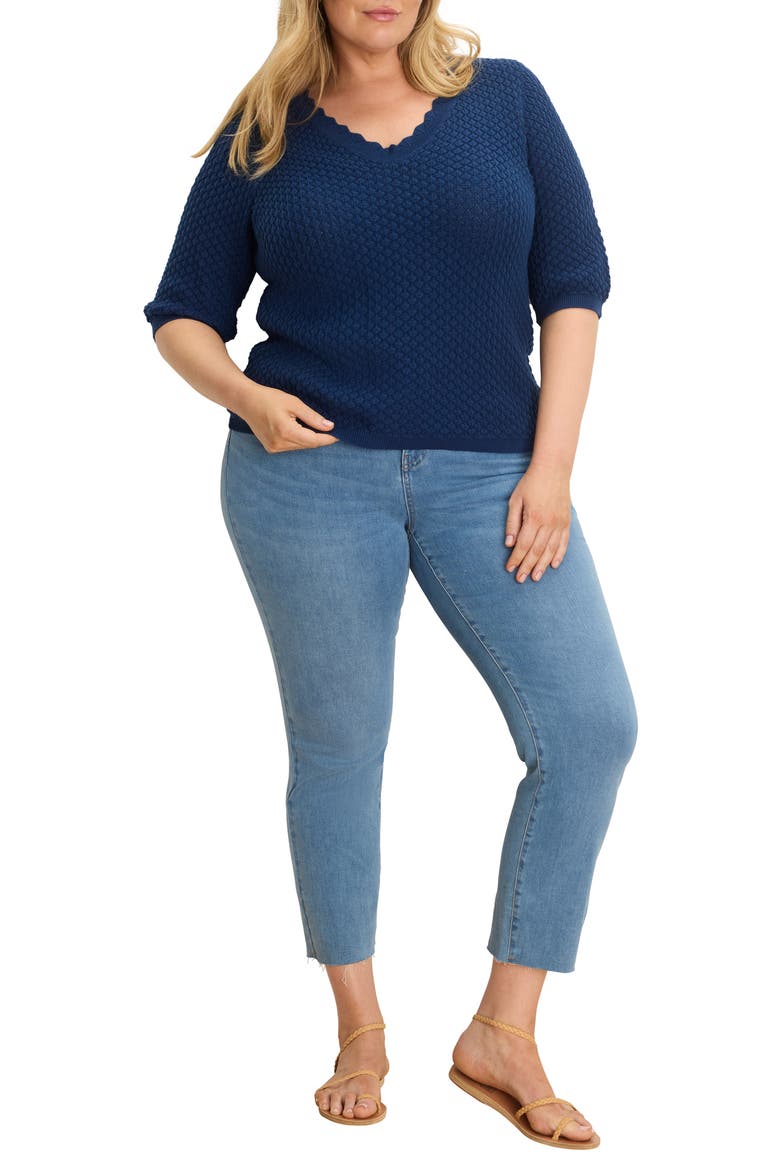 Scallop Texture Short Sleeve Sweater, Alternate, color, RICH INDIGO