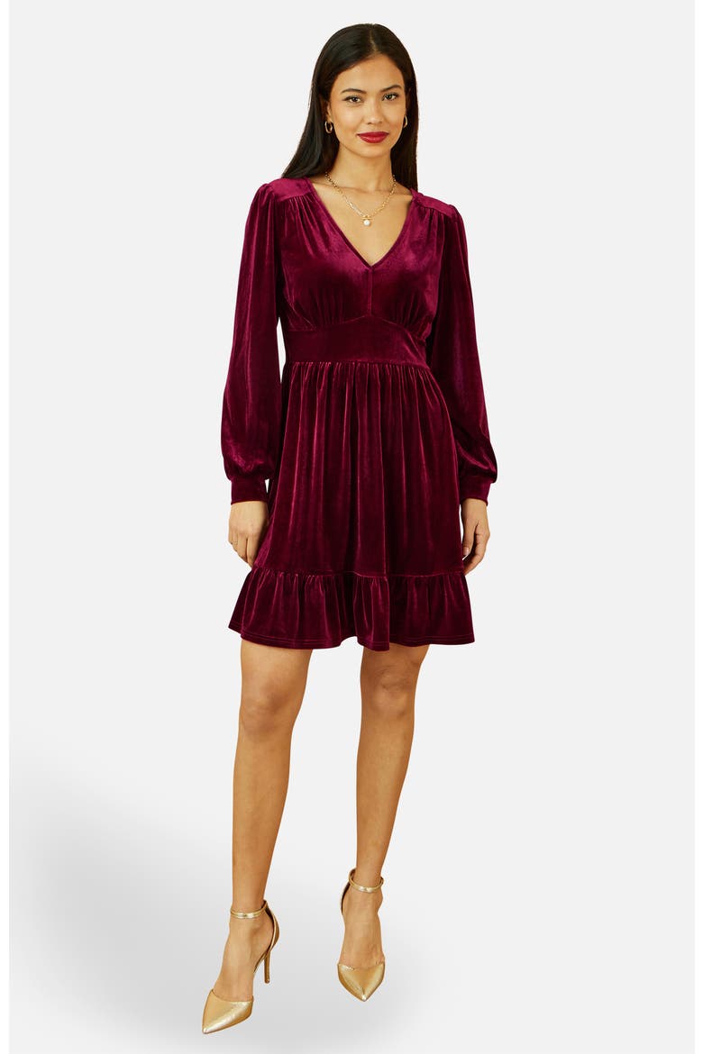 Velvet Long Sleeve Skater Dress, Main, color, Burgundy