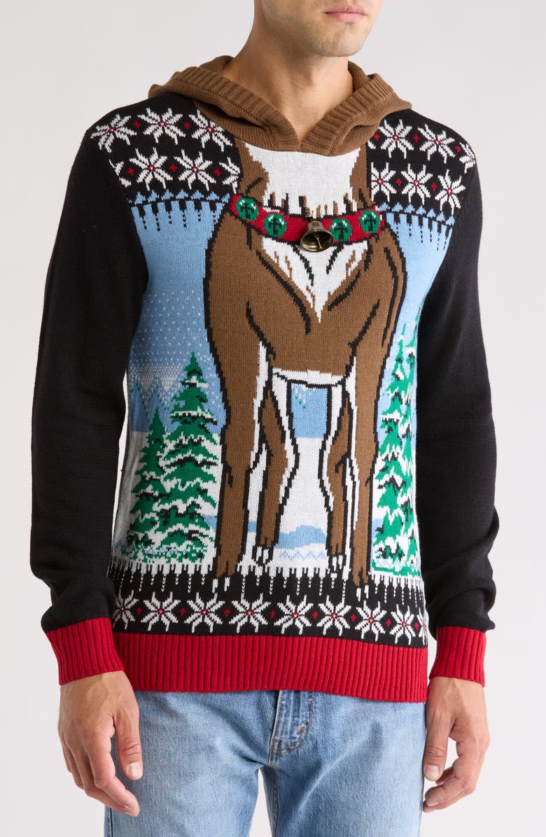 Ugly Christmas Sweater Reindeer Holiday Hoodie, Main, color, 
