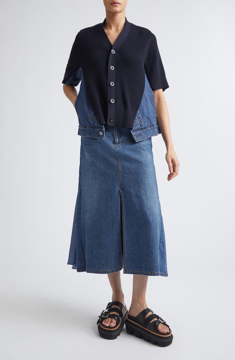 Sacai Mixed Media Knit & Denim Cardigan, Alternate, color, Navy/ Blue