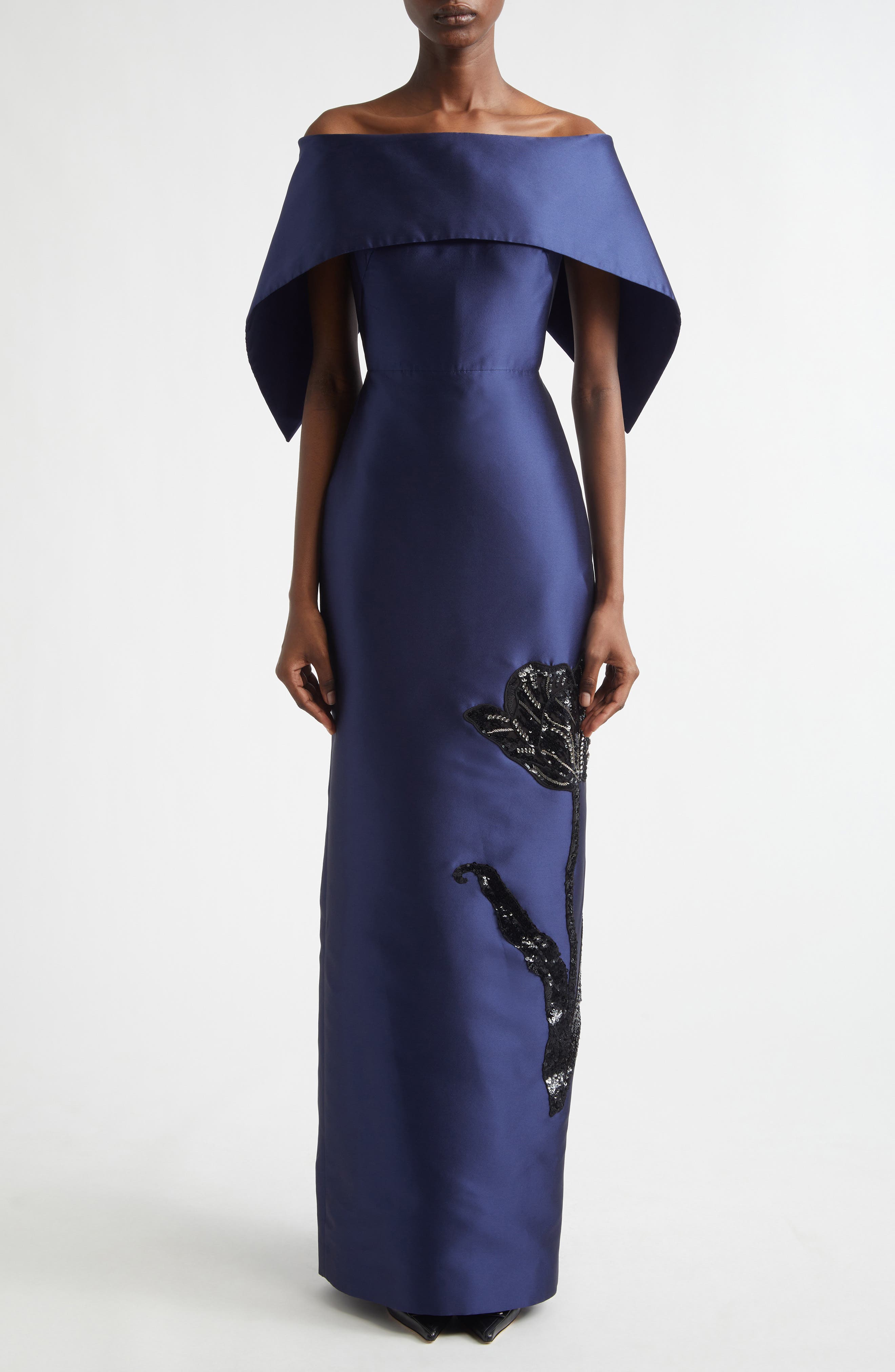 Beaded Off the Shoulder Mikado Column Gown