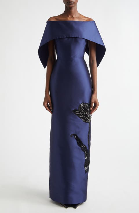 Beaded Off the Shoulder Mikado Column Gown