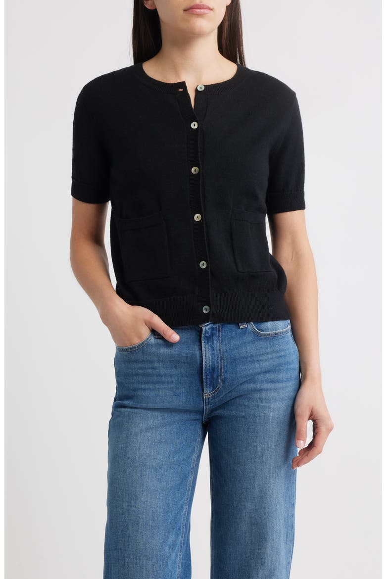 Aisley Short Sleeve Cotton & Cashmere Cardigan, Main, color, BLACK