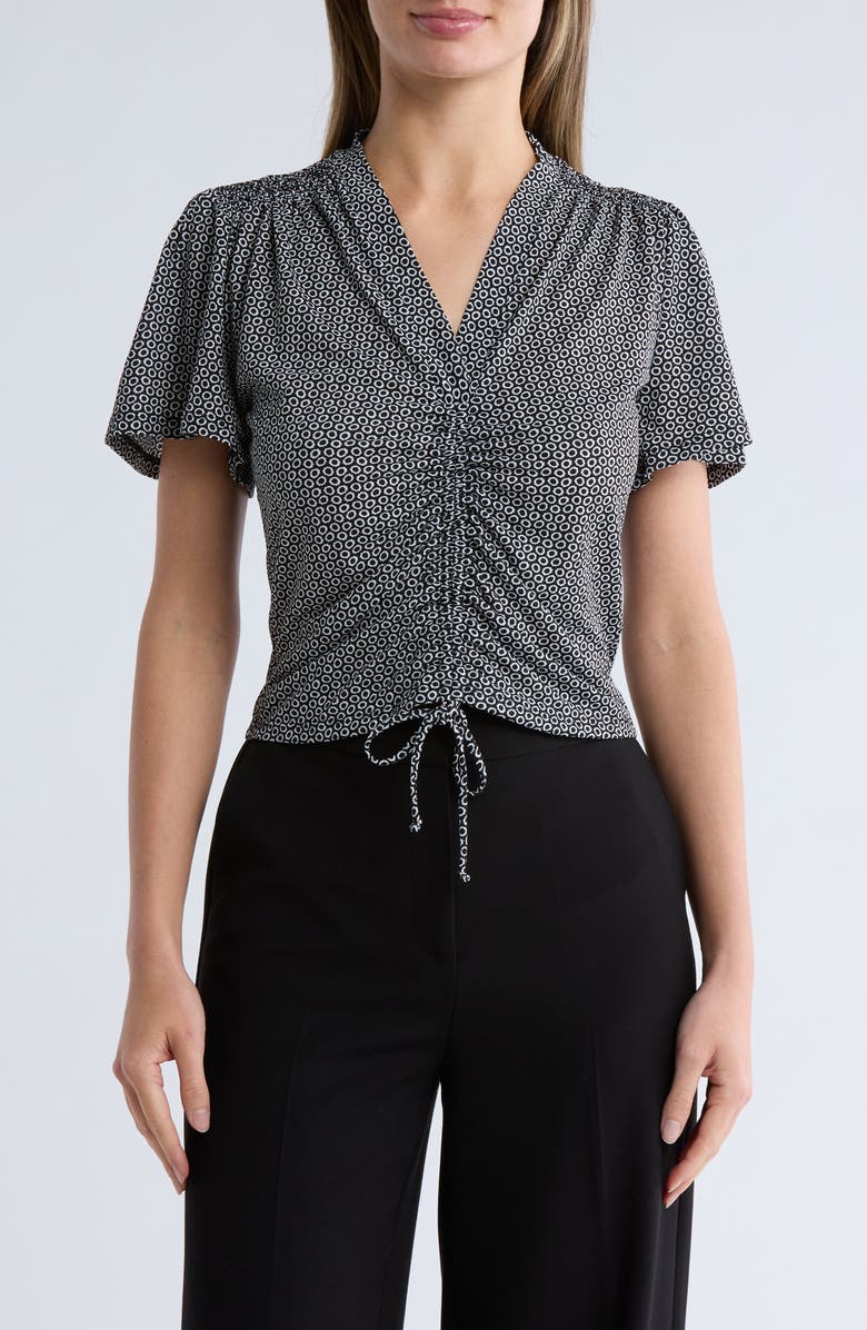 Adrianna Papell Ruched Tie Front Top, Main, color, Black/ Ivory Cloud Carnation