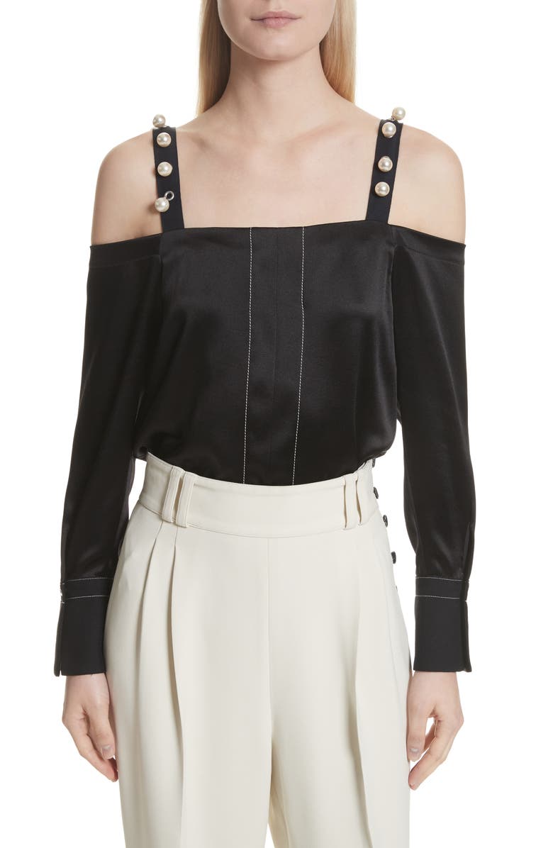 3.1 Phillip Lim Faux Pearl Strap Silk Cold Shoulder Top, Main, color, 