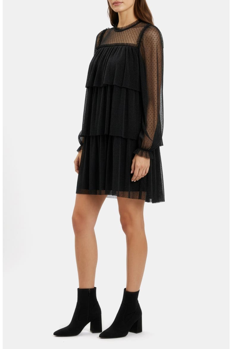 Long Sleeve Tulle Minidress, Alternate, color, BLACK
