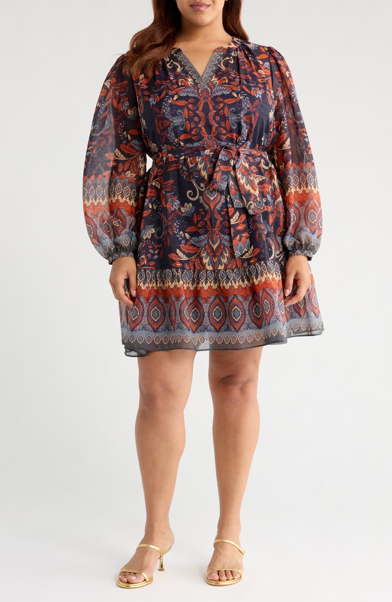 Julia Jordan Metallic Belted Long Sleeve Chiffon Dress, Main, color, Navy Orange