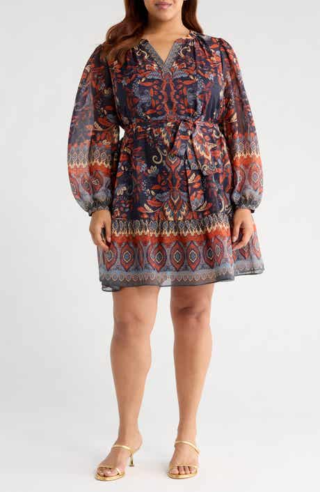 Julia Jordan Metallic Belted Long Sleeve Chiffon Dress