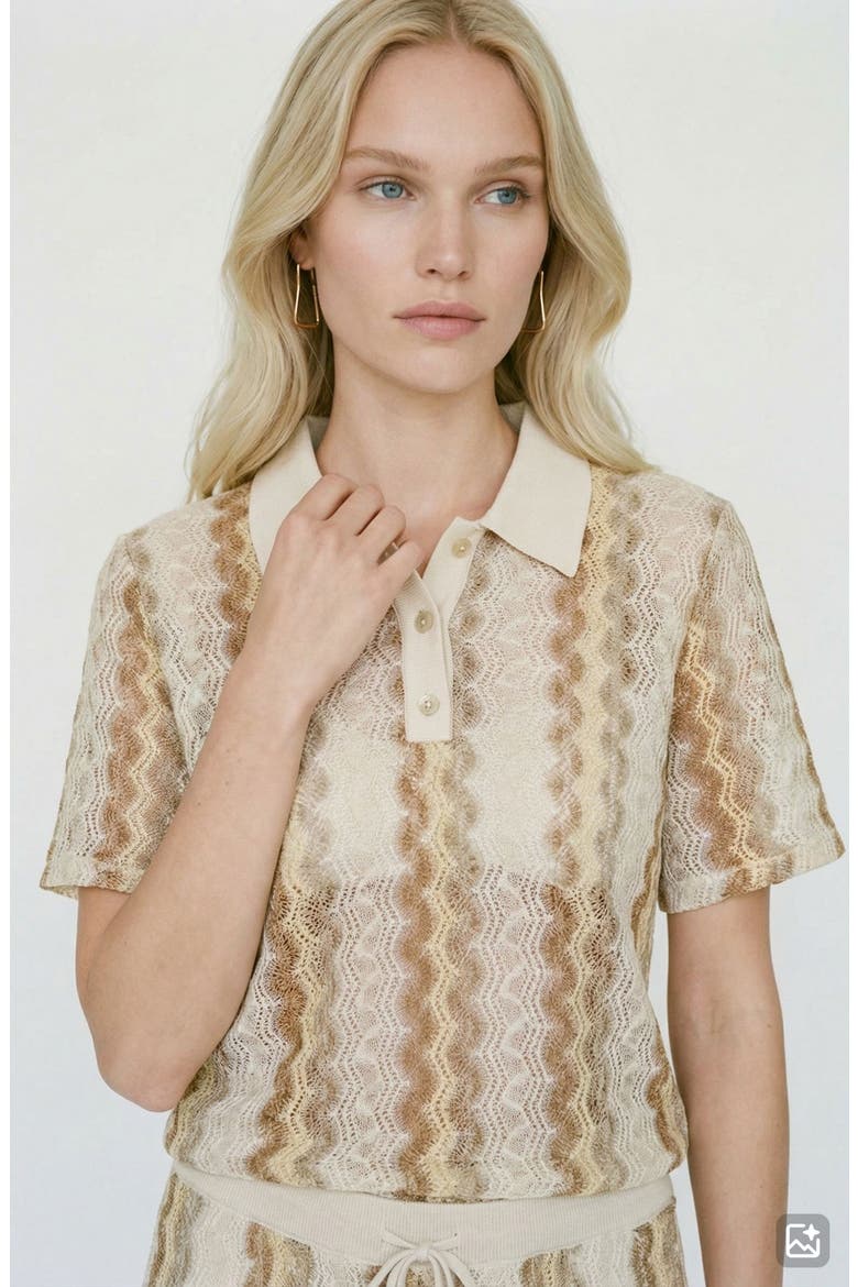 Teresa Chevron Openwork Knit Polo Top, Alternate, color, BIRCH PATTERN SILVER MINK GOLD