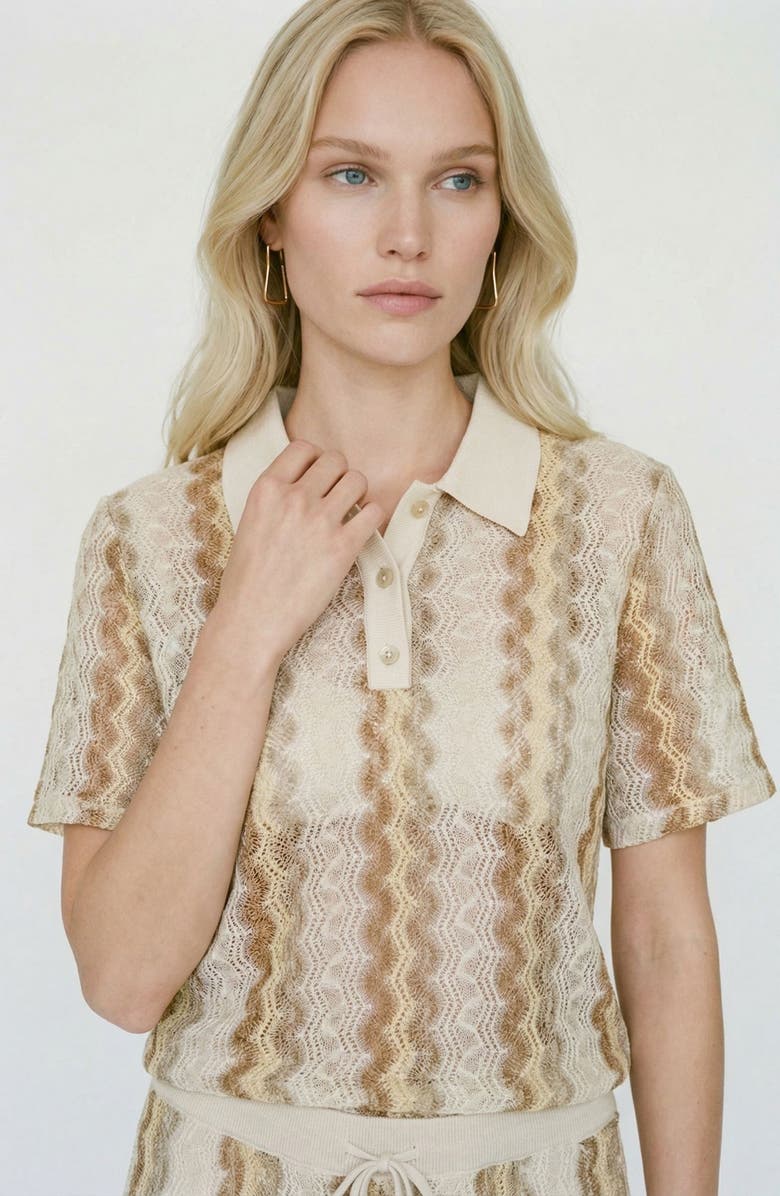 VERO MODA Teresa Chevron Openwork Knit Polo Top, Alternate, color, Birch Pattern Silver Mink Gold