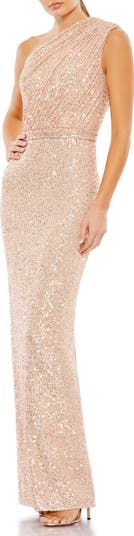 Sequined Ruched One Shoulder Gown